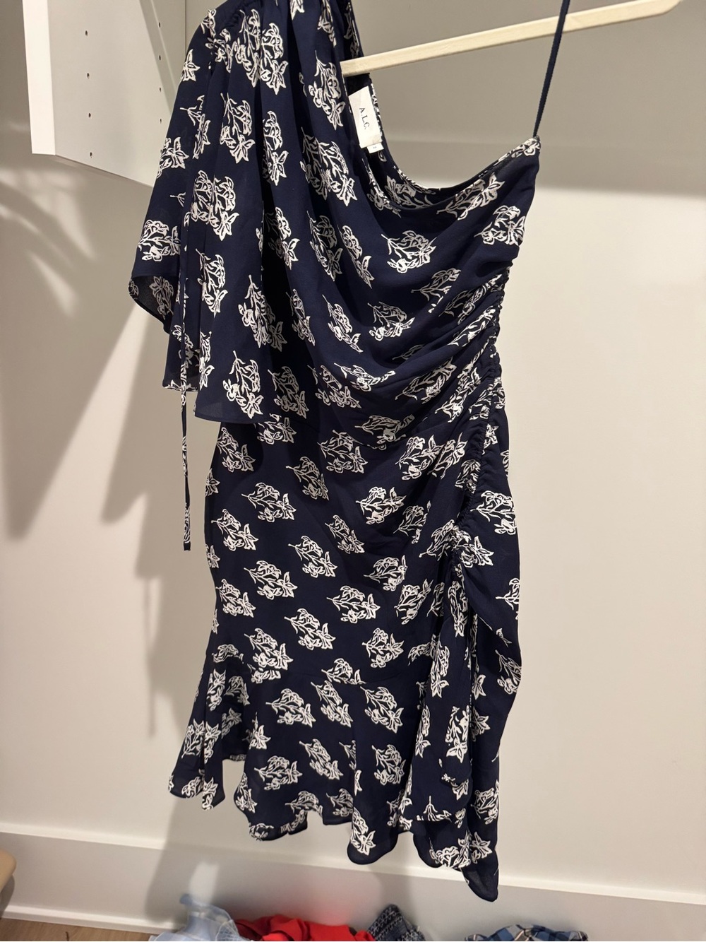 A.L.C. Misha Navy and White One-Shoulder Ruched Floral Dress
